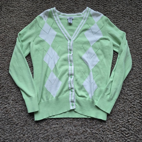 IZOD Golf Ladies Cardigan Sweater Medium M Green White Argyle Golfing Preppy - Picture 1 of 9